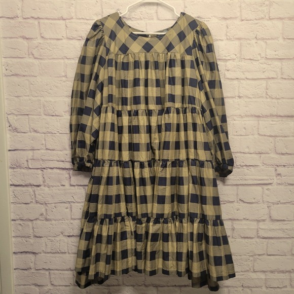Summersalt Tiered Plaid Midi Dress Size 2X Midnight Toffee Puff Sleeves Cottage‎